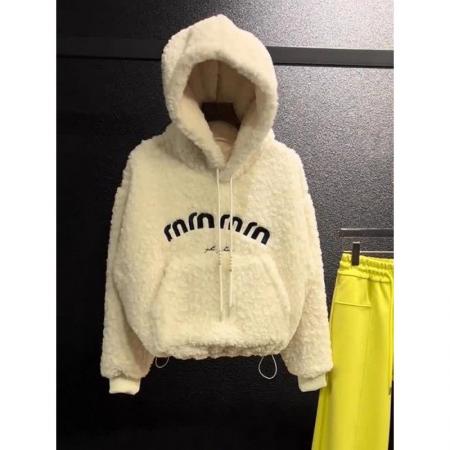 FA54765# 原版韩系高级感超厚羊羔毛连帽卫衣女冬季新款百搭保暖毛绒上衣潮  服裝批發女裝批發服飾貨源