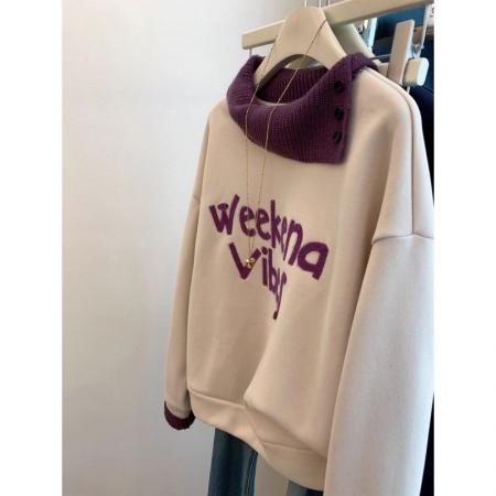 FA54766# 原版韩系植绒字母拼接针织假两件落肩袖加绒卫衣女秋冬宽松上衣潮  服裝批發女裝批發服飾貨源