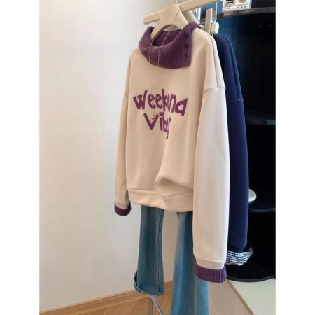 FA54766# 原版韩系植绒字母拼接针织假两件落肩袖加绒卫衣女秋冬宽松上衣潮  服裝批發女裝批發服飾貨源