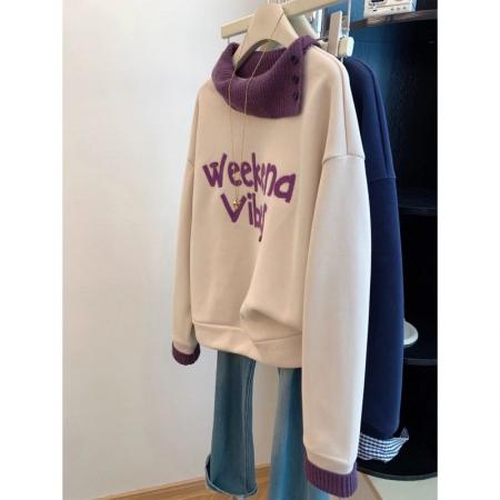 FA54766# 原版韩系植绒字母拼接针织假两件落肩袖加绒卫衣女秋冬宽松上衣潮  服裝批發女裝批發服飾貨源