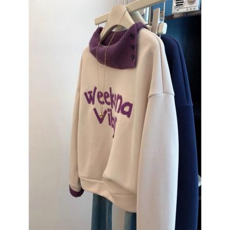 FA54766# 原版韩系植绒字母拼接针织假两件落肩袖加绒卫衣女秋冬宽松上衣潮  服裝批發女裝批發服飾貨源