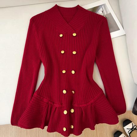 FA54770# 春秋冬荷叶边长袖针织女收腰毛衣  服裝批發女裝批發服飾貨源