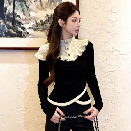 FA54771# 春秋冬设计感洋气独特别致气质掐腰撞色针织上衣厚  服裝批發女裝批發服飾貨源