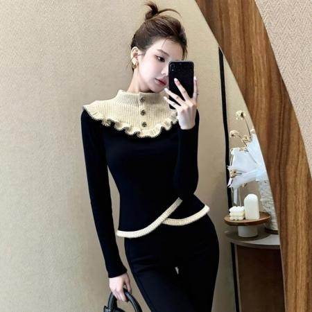 FA54771# 春秋冬设计感洋气独特别致气质掐腰撞色针织上衣厚  服裝批發女裝批發服飾貨源