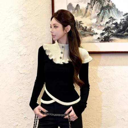 FA54771# 春秋冬设计感洋气独特别致气质掐腰撞色针织上衣厚  服裝批發女裝批發服飾貨源