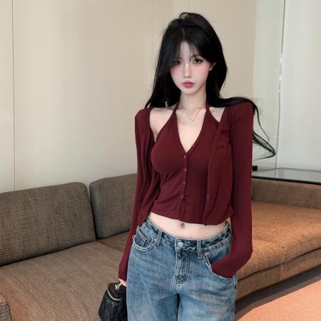 FA54772# 性感辣妹V领挂脖吊带露锁骨短款开衫小外套假两件长袖T恤上衣  服裝批發女裝批發服飾貨源