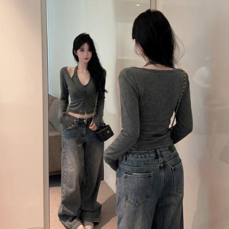 FA54772# 性感辣妹V领挂脖吊带露锁骨短款开衫小外套假两件长袖T恤上衣  服裝批發女裝批發服飾貨源