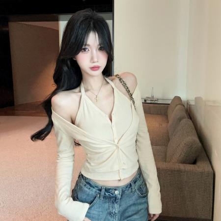 FA54772# 性感辣妹V领挂脖吊带露锁骨短款开衫小外套假两件长袖T恤上衣  服裝批發女裝批發服飾貨源