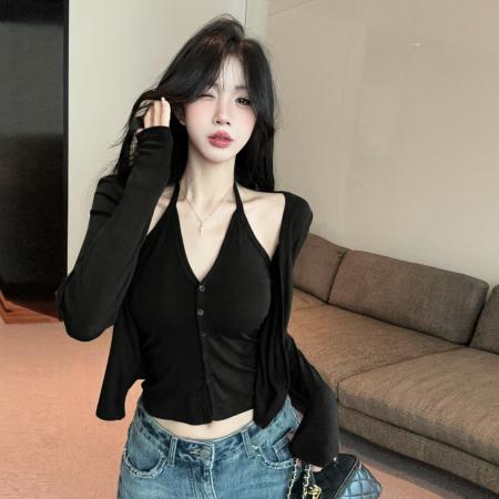 FA54772# 性感辣妹V领挂脖吊带露锁骨短款开衫小外套假两件长袖T恤上衣  服裝批發女裝批發服飾貨源