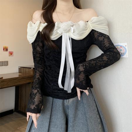 FA54773# 纯欲风立体花朵蕾丝衫女一字肩褶皱修身短款上衣  服裝批發女裝批發服飾貨源