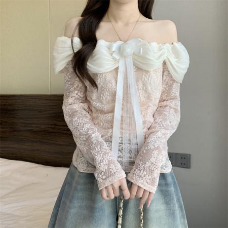 FA54773# 纯欲风立体花朵蕾丝衫女一字肩褶皱修身短款上衣  服裝批發女裝批發服飾貨源