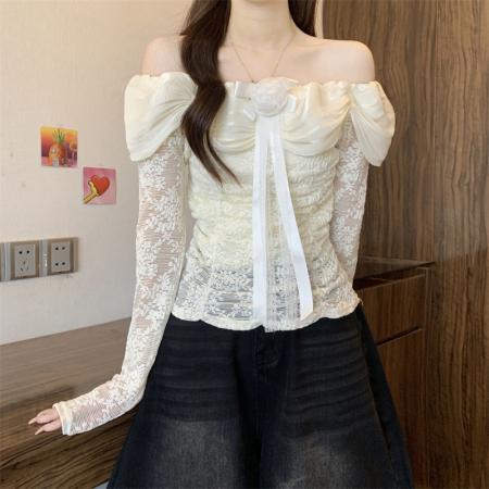 FA54773# 纯欲风立体花朵蕾丝衫女一字肩褶皱修身短款上衣  服裝批發女裝批發服飾貨源
