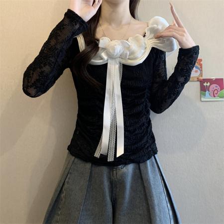 FA54773# 纯欲风立体花朵蕾丝衫女一字肩褶皱修身短款上衣  服裝批發女裝批發服飾貨源