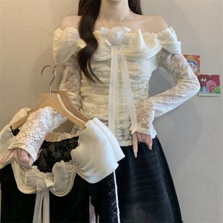 FA54773# 纯欲风立体花朵蕾丝衫女一字肩褶皱修身短款上衣  服裝批發女裝批發服飾貨源