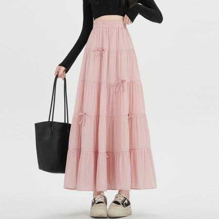 FA54774# 春夏新款半身裙女蝴蝶结蛋糕裙松紧高腰显瘦大摆a字长裙  服裝批發女裝批發服飾貨源