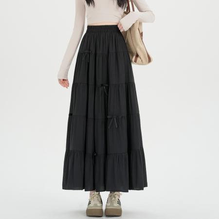 FA54774# 春夏新款半身裙女蝴蝶结蛋糕裙松紧高腰显瘦大摆a字长裙  服裝批發女裝批發服飾貨源