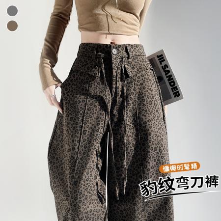 FA54775# 复古美式豹纹休闲裤子女春季新款高腰显瘦弯刀裤阔腿长裤  服裝批發女裝批發服飾貨源