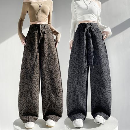 FA54775# 复古美式豹纹休闲裤子女春季新款高腰显瘦弯刀裤阔腿长裤  服裝批發女裝批發服飾貨源