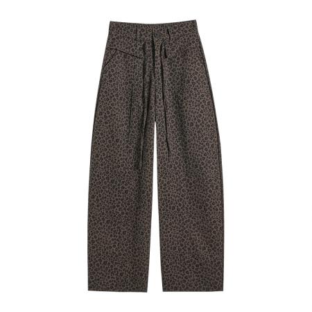 FA54775# 复古美式豹纹休闲裤子女春季新款高腰显瘦弯刀裤阔腿长裤  服裝批發女裝批發服飾貨源