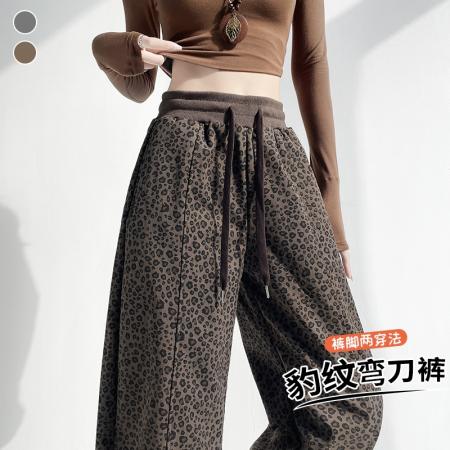 FA54776# 复古豹纹弯刀裤子女春季新款美式高腰显瘦抽绳阔腿长裤  服裝批發女裝批發服飾貨源