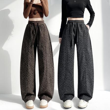 FA54776# 复古豹纹弯刀裤子女春季新款美式高腰显瘦抽绳阔腿长裤  服裝批發女裝批發服飾貨源