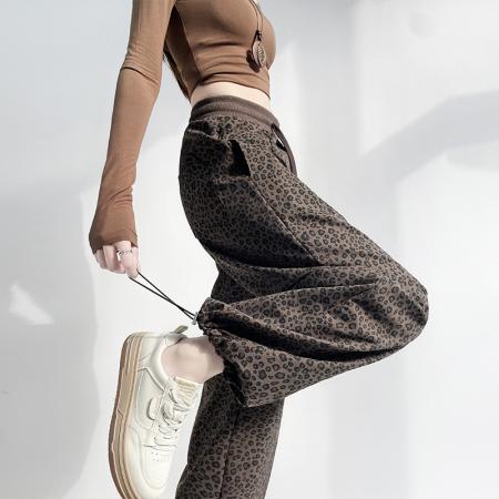 FA54776# 复古豹纹弯刀裤子女春季新款美式高腰显瘦抽绳阔腿长裤  服裝批發女裝批發服飾貨源