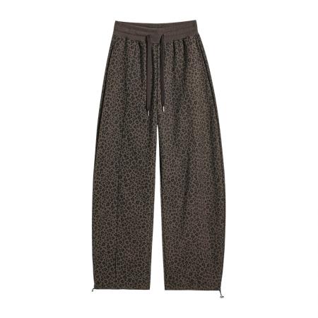 FA54776# 复古豹纹弯刀裤子女春季新款美式高腰显瘦抽绳阔腿长裤  服裝批發女裝批發服飾貨源