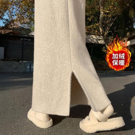 FA54777# 加绒加厚提花针织半身裙女秋冬松紧高腰显瘦中长款a字直筒裙  服裝批發女裝批發服飾貨源