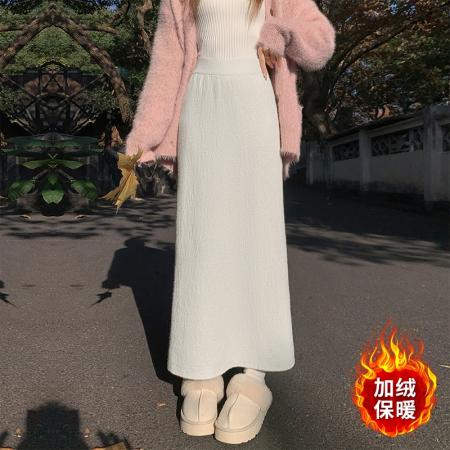 FA54777# 加绒加厚提花针织半身裙女秋冬松紧高腰显瘦中长款a字直筒裙  服裝批發女裝批發服飾貨源