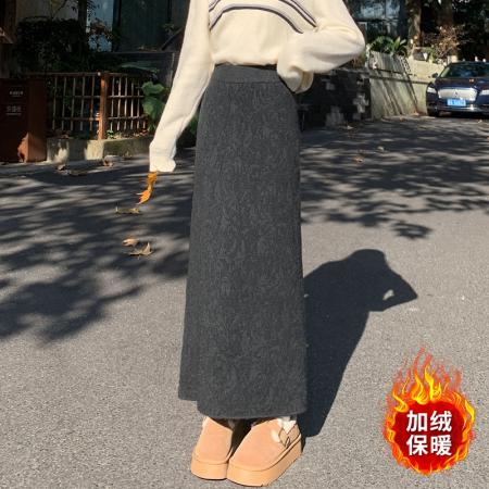 FA54777# 加绒加厚提花针织半身裙女秋冬松紧高腰显瘦中长款a字直筒裙  服裝批發女裝批發服飾貨源