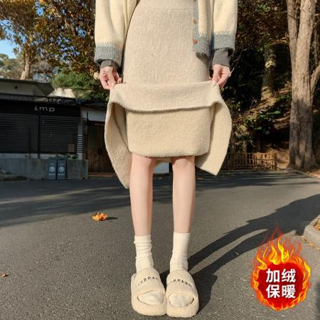 FA54777# 加绒加厚提花针织半身裙女秋冬松紧高腰显瘦中长款a字直筒裙  服裝批發女裝批發服飾貨源