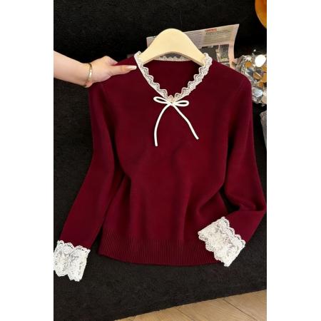 FA54778# 蝴蝶结拼接蕾丝v领针织衫女春季新款法式温柔风百搭长袖上衣  服裝批發女裝批發服飾貨源