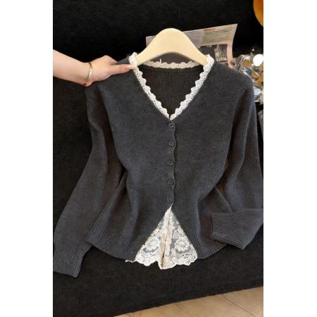 FA54779# 法式蕾丝拼接v领长袖针织衫女春季新款修身显瘦毛衣上衣  服裝批發女裝批發服飾貨源