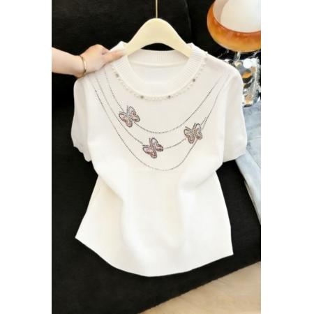FA54782# 法式时尚圆领钉珠蝴蝶烫钻百搭短袖上衣针织衫女春夏新款  服裝批發女裝批發服飾貨源