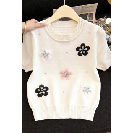 FA54784# 洋气减龄短袖针织t恤女春夏新款设计感立体花朵小衫百搭上衣  服裝批發女裝批發服飾貨源