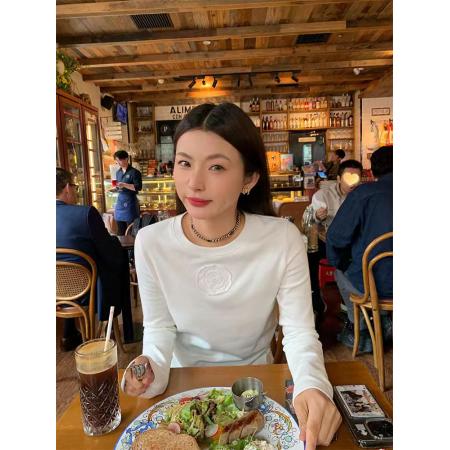 FA54790# 白色圆领正肩打底T恤女春季新款设计感百搭长袖上衣  服裝批發女裝批發服飾貨源