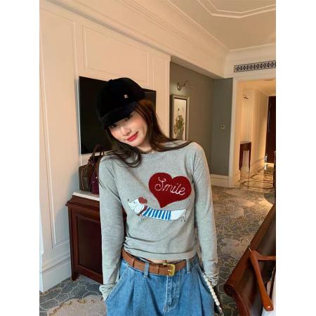 FA54791# 韩系正肩小狗爱心长袖T恤女春秋新款修身显瘦减龄收腰打底衫上衣  服裝批發女裝批發服飾貨源