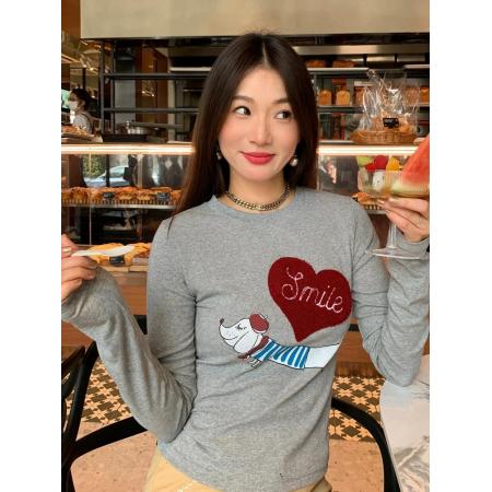 FA54791# 韩系正肩小狗爱心长袖T恤女春秋新款修身显瘦减龄收腰打底衫上衣  服裝批發女裝批發服飾貨源