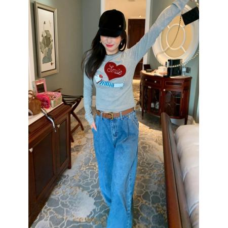 FA54791# 韩系正肩小狗爱心长袖T恤女春秋新款修身显瘦减龄收腰打底衫上衣  服裝批發女裝批發服飾貨源