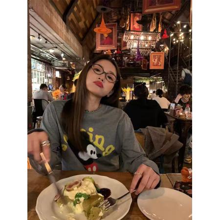 FA54794# 长袖上衣女新款设计感印花灰色T恤打底可外穿宽松  服裝批發女裝批發服飾貨源