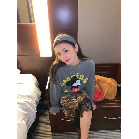 FA54794# 长袖上衣女新款设计感印花灰色T恤打底可外穿宽松  服裝批發女裝批發服飾貨源