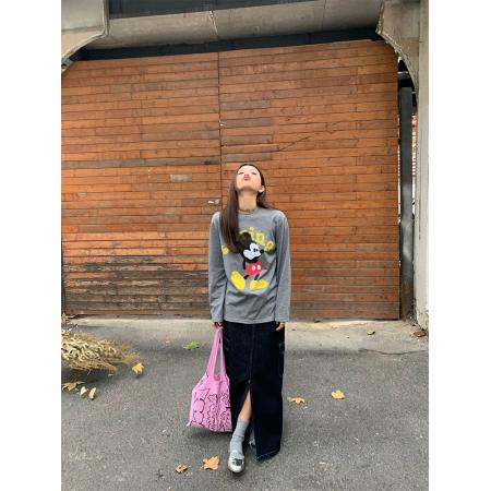 FA54794# 长袖上衣女新款设计感印花灰色T恤打底可外穿宽松  服裝批發女裝批發服飾貨源