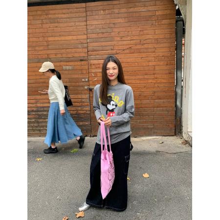 FA54794# 长袖上衣女新款设计感印花灰色T恤打底可外穿宽松  服裝批發女裝批發服飾貨源