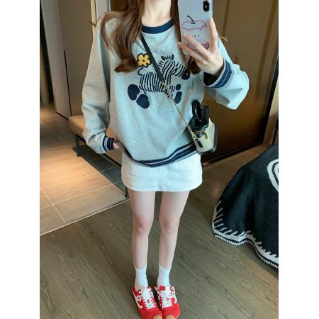 FA54796# 灰色卡通小马纯棉长袖t恤女春秋港味复古宽松内搭上衣ins  服裝批發女裝批發服飾貨源