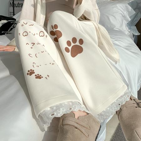 FA54798# 蕾丝拼接印花运动裤女春季新款高腰直筒宽松休闲阔腿卫裤  服裝批發女裝批發服飾貨源