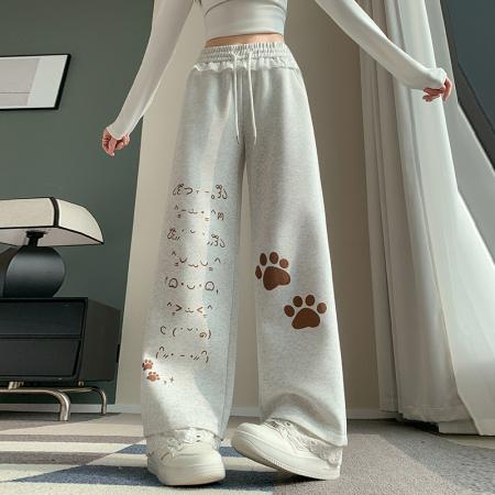 FA54798# 蕾丝拼接印花运动裤女春季新款高腰直筒宽松休闲阔腿卫裤  服裝批發女裝批發服飾貨源