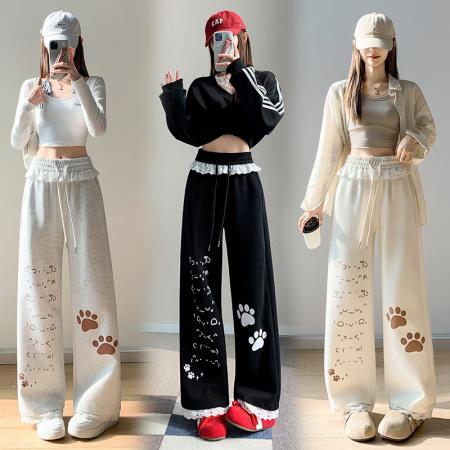 FA54798# 蕾丝拼接印花运动裤女春季新款高腰直筒宽松休闲阔腿卫裤  服裝批發女裝批發服飾貨源