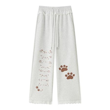 FA54798# 蕾丝拼接印花运动裤女春季新款高腰直筒宽松休闲阔腿卫裤  服裝批發女裝批發服飾貨源