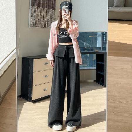 FA54799# 针织假两件屁帘阔腿裤女春季弹力高腰显瘦休闲拖地运动裤  服裝批發女裝批發服飾貨源