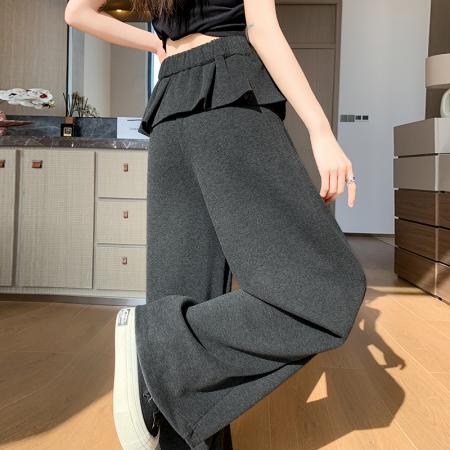 FA54799# 针织假两件屁帘阔腿裤女春季弹力高腰显瘦休闲拖地运动裤  服裝批發女裝批發服飾貨源